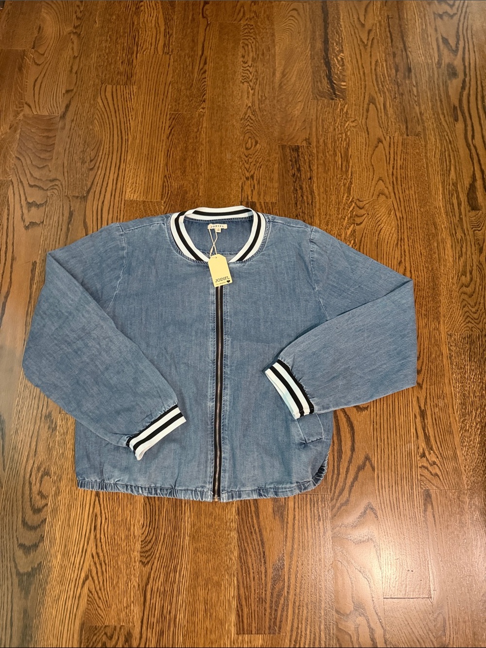 JODIFL Denim Blue Bomber Jacket with Stripe Trim large - Picture 7 of 12